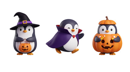 Obraz premium 3D Halloween Penguin Character Set, Witch Hat Vampire Cape Pumpkin Costume Cute Cartoon, Transparent Background PNG