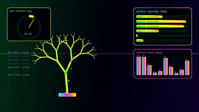Digital recovery analytics interface displaying rhythmic growth cycles with vibrant circular data charts and bar graphs that monitor organic tree structures in a virtual monitoring space