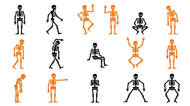 Cartoon skeletons and humans dancing in various poses