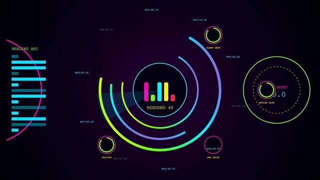 Recovery analytics interfaces with dynamic circular light meters showing colorful bar charts in a seamless digital display loop for monitoring health and fitness performance metrics