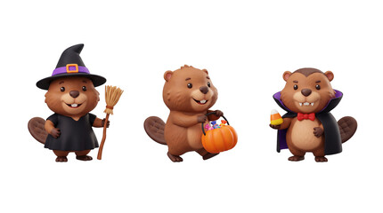 Fototapeta premium 3D Halloween Beaver Character Set, Witch Hat Broom Pumpkin Bucket Cute Cartoon, Transparent Background PNG