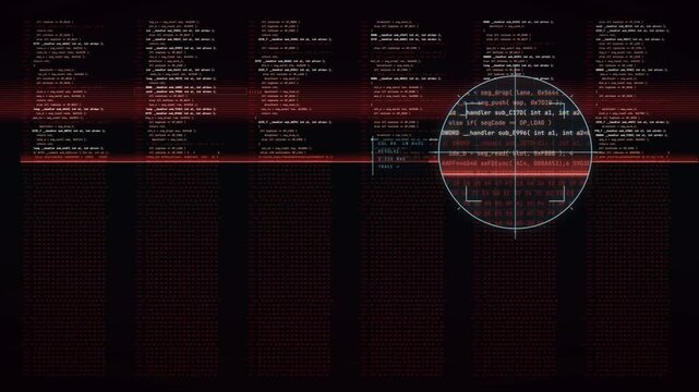 Magnifying lens scanning red program code on a dark screen, cyber seamless loop