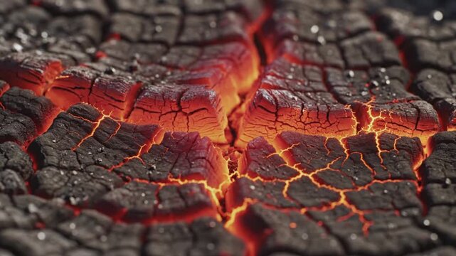 Close up view of burning hot embers glowing intensely inside deep dark cracks across a textured surface