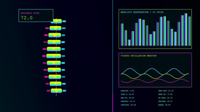 Digital recovery analytics interface displaying spinal health status and biometric data points inside a dark virtual environment with vibrant glowing neon charts and graphical information bars