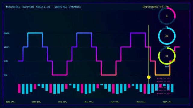 A digital recovery analytics interface screen showing temporal dynamics while a light yellow indicator moves across shifting waveform graphs and colorful circular metrics in dark space