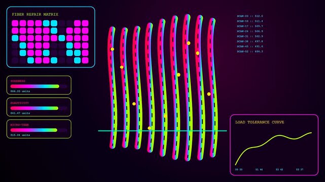 Innovative recovery analytics displayed on a digital interface featuring vibrant neon wave patterns and fluctuating data metrics for biological tissue health assessment in a virtual laboratory