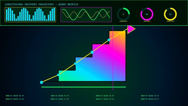 Three screens displaying recovery analytics with bright neon bar charts and rising step graphs showing data progress within a digital dashboard interface for monitoring systems