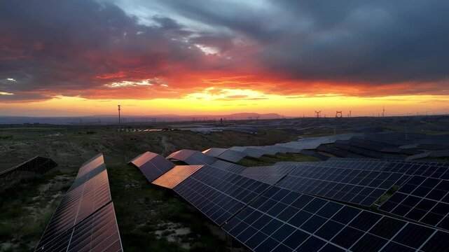 Rows of solar panels reflecting the sunset sky