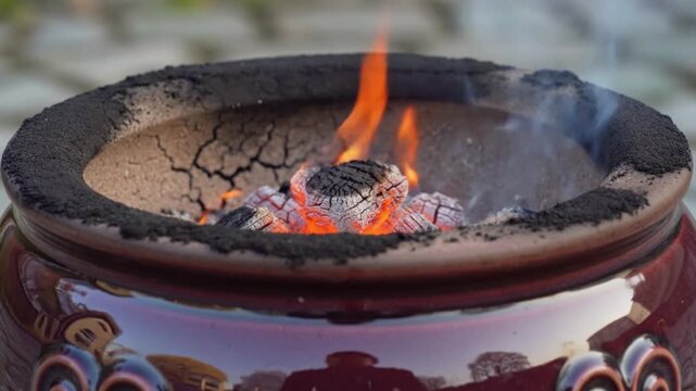 Traditional clay brazier burning hot charcoal with bright flames inside a ceramic vessel outdoors on ground