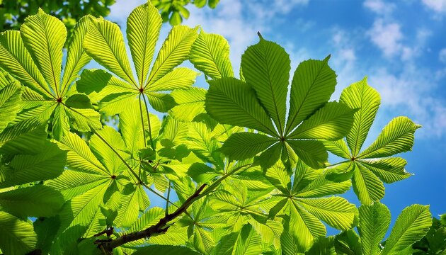 Close Up Of Bright Green Horse Chestnut Leaves Against Blue Sky