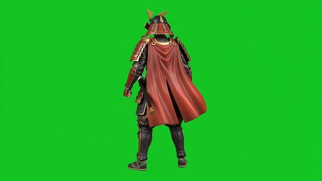 Dynamic Kawaii Anime Samurai Armor Katana Warrior 3D Character Loop - 4K Green Screen 360&deg;