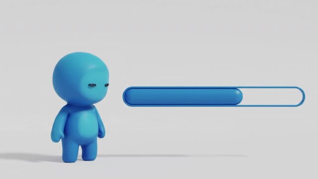 Cute 3D Blue Chibi Character Watching Loading Progress Bar