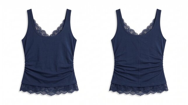 Women's navy blue lace trim camisole tank top shown from front and back views isolated on a clean white background