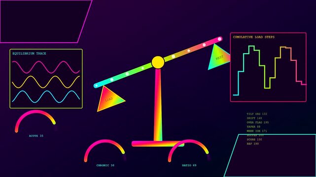 Displaying recovery analytics in a motion interface featuring a fluctuating balance scale with neon wave charts and data metrics changing across several graphical monitoring screens