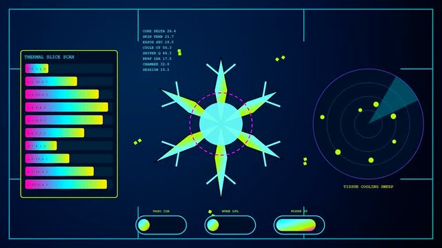 the recovery analytics display presents changing thermal scan patterns and data metrics on a dark digital interface showing evolving visual feedback for scientific observation purposes