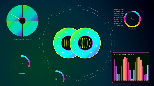 Digital recovery analytics displays shown in a sequence featuring glowing circular icons neon charts and cycling metrics with rotating colorful rings inside a dark science interface