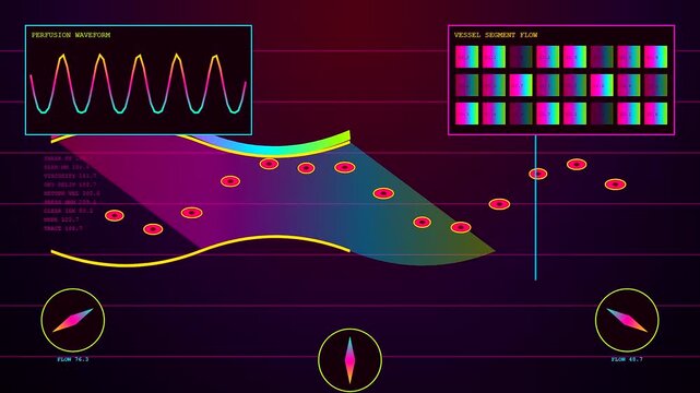 Real time recovery analytics visualization showing complex pulsatile waveforms and numerical data metrics displayed across a sequence of animated screens for medical research and monitoring purposes