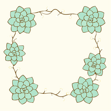 A decorative frame features hand-drawn mint green succulents connected by thin brown vines.