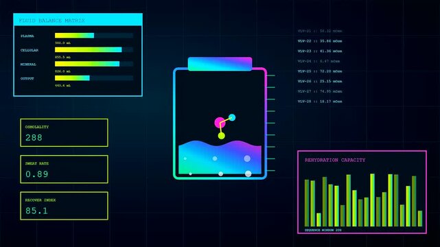 Monitoring recovery analytics on a vibrant digital display showing health metrics in three stages with glowing neon fluid levels and shifting charts for biological data