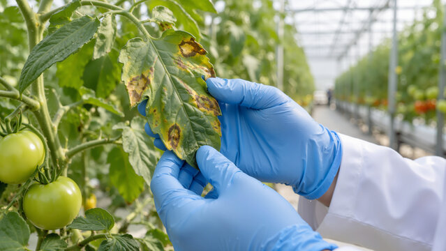 Agronomist Inspecting Diseased Tomato Plant Leaf Showing Early Blight Fungal Infection in Greenhouse