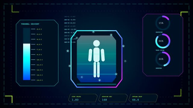 Displaying recovery analytics in a digital dashboard interface featuring biometric sensor data and thermal readings for health monitoring during a simulated physiological human body assessment session
