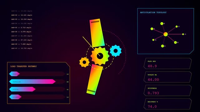Medical recovery analytics shown on a screen display featuring skeletal joint diagrams with fluctuating values and shifting graphs during a monitoring sequence of human physiology
