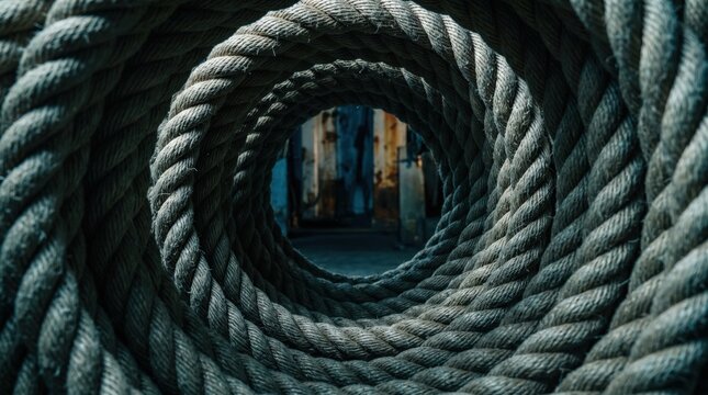 Heavy industrial coiled rope creates a deep tunnel perspective with sharp textures and moody lighting in this dark maritime setting