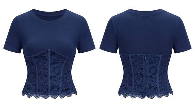 Women's navy blue short sleeve t-shirt featuring an integrated lace corset waist design, shown in front and back views on a white background