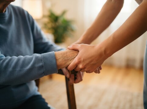 Caring nurse holding hands of an elderly man for support and comfort in a home setting representing compassionate care