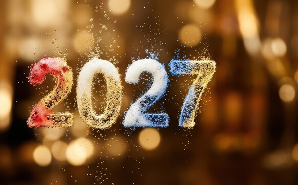 Happy New Year 2027 celebration background with sparkling champagne bubbles numbers