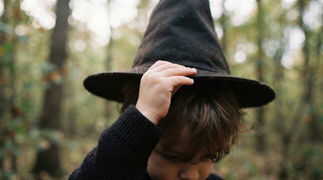 Young caucasian boy wearing a black witch hat in a forest during autumn representing halloween concepts