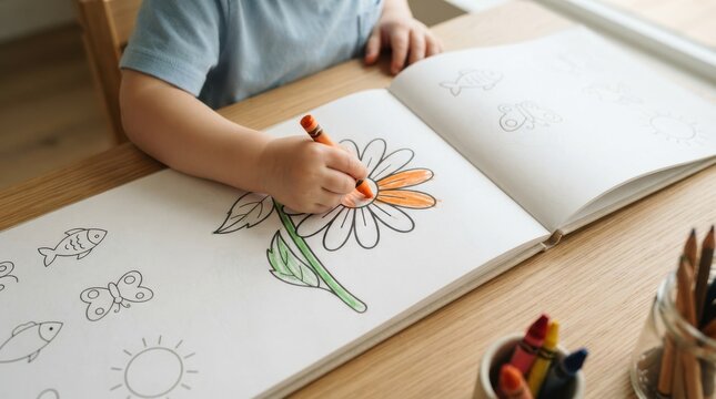 Toddler boy coloring flower in a book with crayons at wooden table