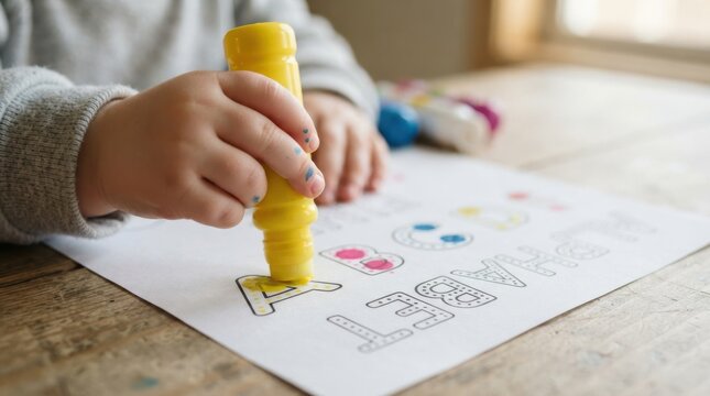 Toddler boy coloring with yellow dot marker on alphabet practice sheet at wooden table