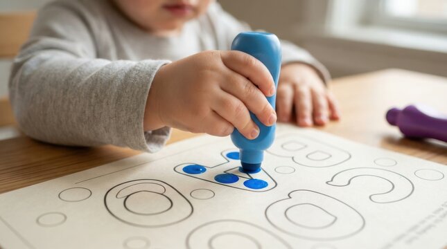 Toddler boy using blue dot marker on alphabet activity sheet for early learning education