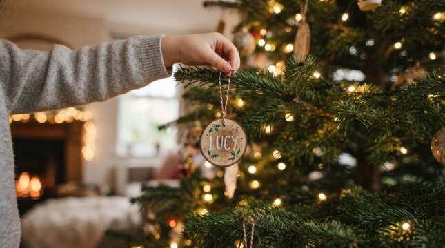 Child hanging a personalized wooden name ornament on a decorated Christmas tree in a cozy living room during the holiday season
