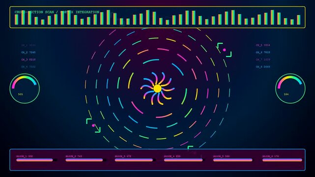 The AI integration process is visualized through a glowing circular interface displaying colorful pulse waves and digital information flow patterns within a dark simulated monitor screen