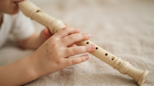 Young Caucasian child playing a wooden recorder flute, educational music concept for kids and beginners