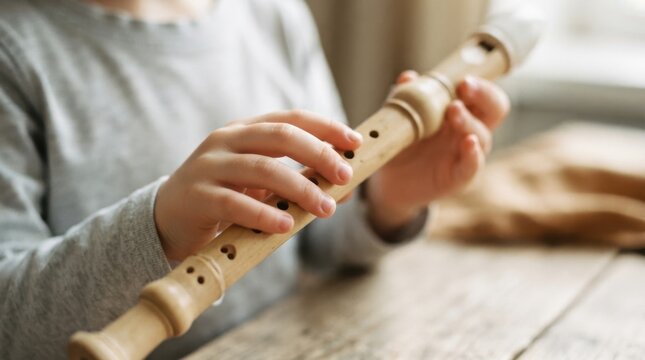 Young caucasian child playing a wooden recorder flute on a wooden table at home
