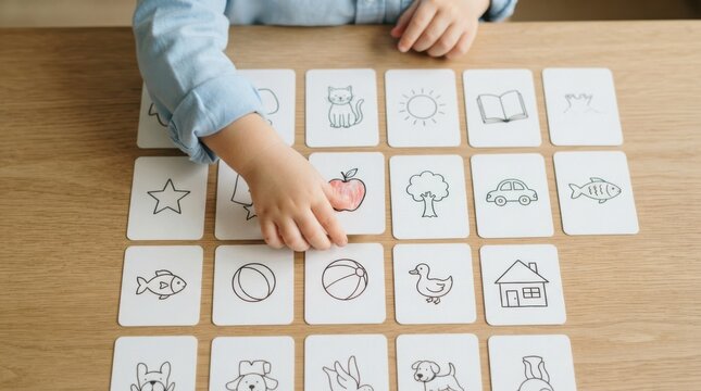 Toddler learning with flashcards at table, early childhood education and development concept
