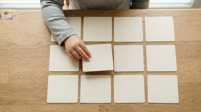 Young Caucasian child playing with memory matching cards game on a wooden table at home