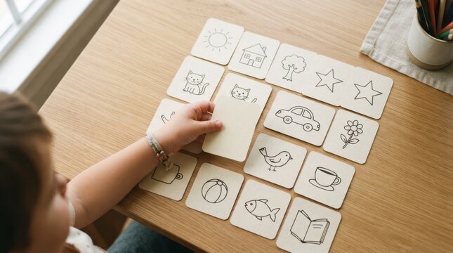 Toddler boy playing matching memory flashcard game on wooden table educational learning