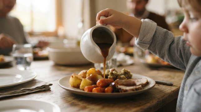 Young boy pouring gravy over a Sunday roast dinner with potatoes, carrots, and meat during a family gathering