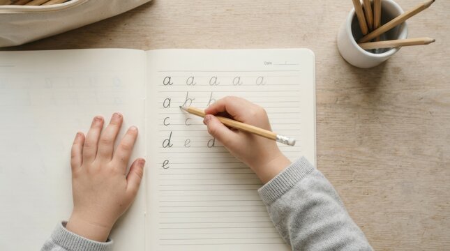 Child Practicing Handwriting In A Notebook While Learning Letters