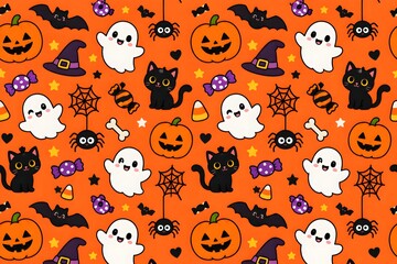 Obraz premium Cute Halloween Seamless Pattern with Pumpkins, Ghosts, Black Cats, Bats, Spiders and Candy on Orange Background. 