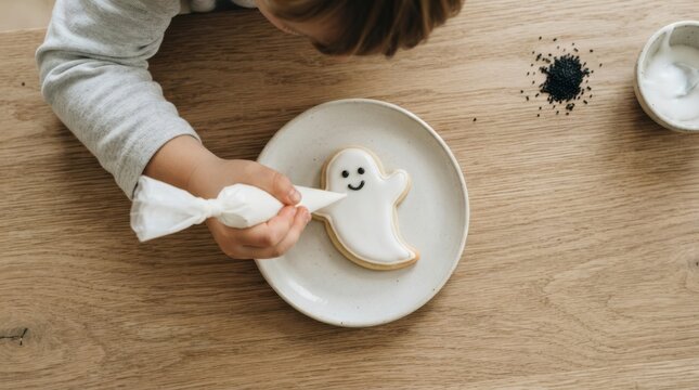 Young child decorating a ghost shaped cookie with white icing on a wooden table for Halloween