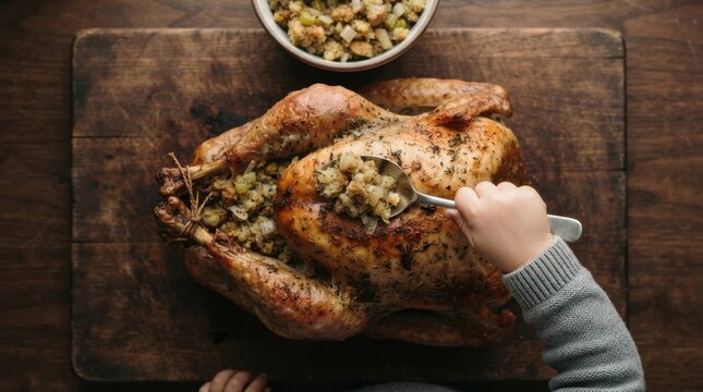 Child stuffing a roasted Thanksgiving turkey with dressing on a wooden board for holiday dinner