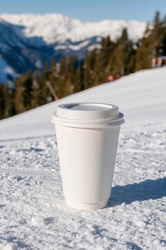 Blank white takeaway coffee cup standing in fresh snow at a sunny mountain ski resort with snowy peaks in the background