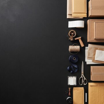 Shipping and packing supplies neatly arranged on a black surface, including boxes, tape, scissors, and ribbon, ready for dispatch.