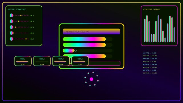 the ai integration process displays vibrant neon interface elements that pulse with light across three shifting display panels capturing data flows in a modern digital workspace