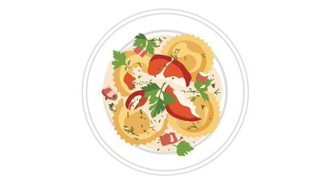 Lobster ravioli gourmet pasta dish with cream sauce and herbs flat vector illustration for fine dining restaurant menu design